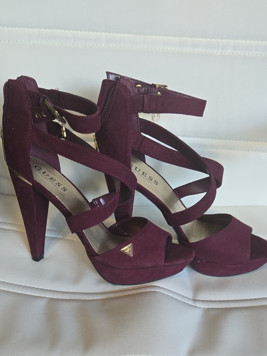 Guess Shoes - GUESS Women's Burgundy Suede Strappy High Heel Sandals with Gold Accent